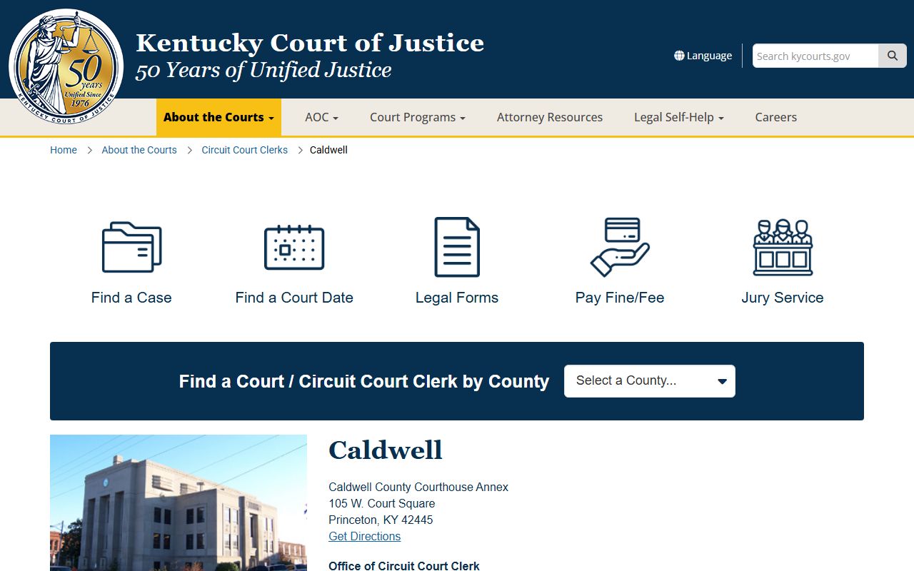 Kentucky Court of Justice Caldwell County page with clerk and courthouse information