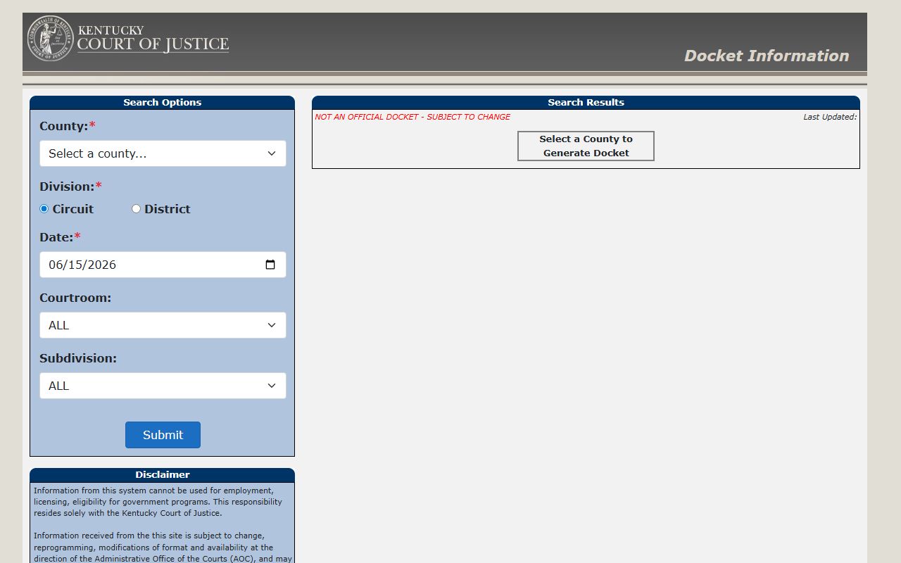 Kentucky Court of Justice public docket search form for court date lookup